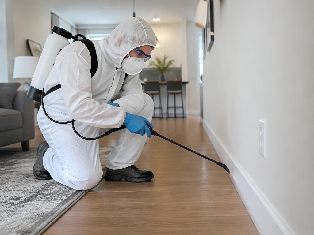 Technicien en tenue de protection traitant les plinthes d’un appartement